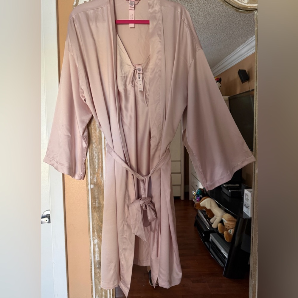 NEW WITH TAGS, Victoria's Secret, Blush Pink Satin Robe & Nightgown, Set of 2.